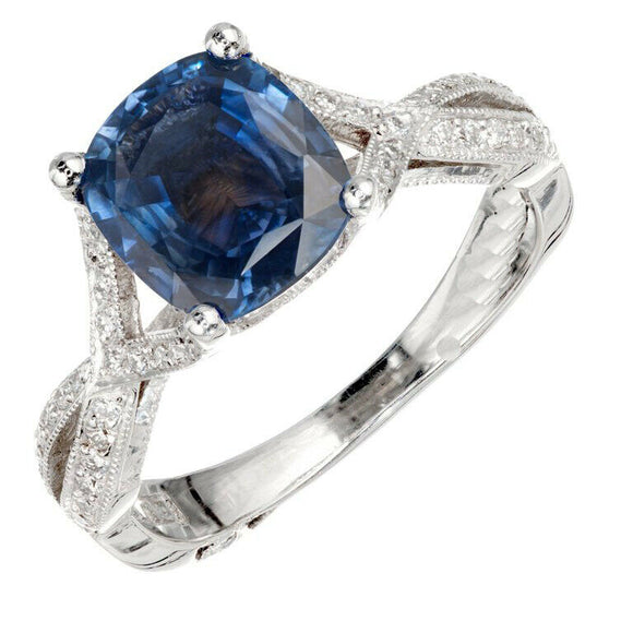 2.7ct Cushion Cut Blue Sapphire Engagement Ring Split Shank 14k WhiteGold Finish