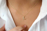 0.7ct Diamond Pendant with Chain Round Cut Crescent Moon 14k Yellow Gold Finish