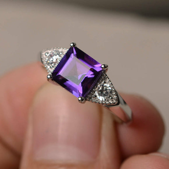 2ct Asscher Cut Purple Amethyst Trilogy Engagement Ring 18k White Gold Finish