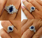 4Ct Oval Blue Sapphire Diamond Halo Floral Engagement Ring 14K White Gold Finish