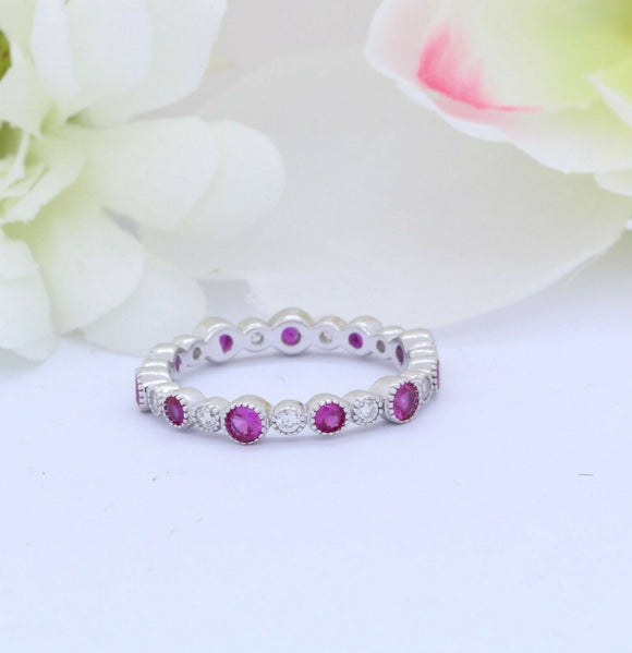 1.5ct Round Cut Pink Sapphire Wedding Band Eternity Stackable 14k WhiteGold Over