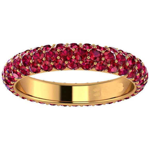 2ct Round Cut Pink Ruby 3 Row Full Eternity Wedding Band 14k Yellow Gold Finish