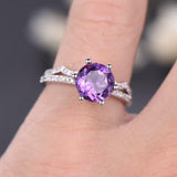 2Ct Round Cut Purple Amethyst Bridal Set Engagement Ring 18K White Gold Finish