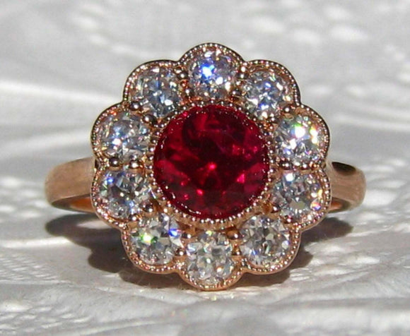 3ct Round Cut Pink Ruby Milgrain Floral Halo Engagement Ring 14k Rose Gold Over