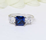 2.5Ct Princess Cut Blue Sapphire Diamond Trilogy Ring 14K White Gold Finish