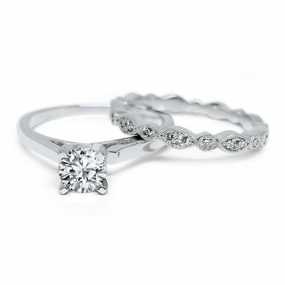 1.5ct Round Cut Diamond Bridal Set Wedding Engagement Ring 14k White Gold Finish