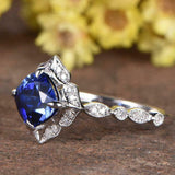 1ct Cushion Blue Sapphire Engagement Ring Solitaire Floral 14k White Gold Finish