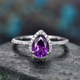 0.9Ct Pear Cut Purple Amethyst Halo Solitaire Engagement Ring 14K WhiteGold Over