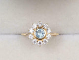 2.1ct Round Cut Blue Aquamarine Floral Minimalist Ring 14k Yellow Gold Finish