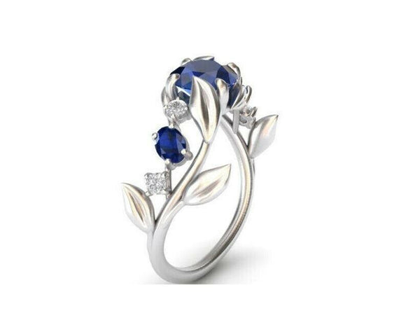 1.5ct Round Cut Blue Sapphire Engagement Ring Leaf Solitaire 14k White Gold Over