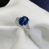 2ct Oval Cut Blue Sapphire Diamond Trilogy Engagement Ring 14k White Gold Finish