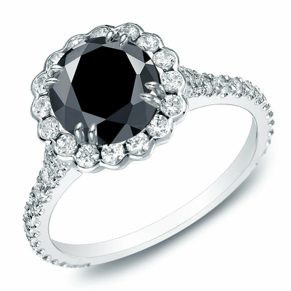 2.5Ct Round Cut Black Diamond Halo Floral Engagement Ring 18K White Gold Finish