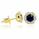 0.7ct Round Cut Blue Sapphire Diamond Halo Stud Earrings 14k Yellow Gold Finish