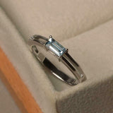 1ct Baguette Cut Blue Aquamarine Solitaire Split Band Ring 14k White Gold Finish