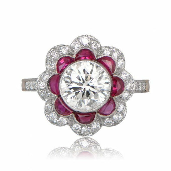 3ct Round Cut Diamond Ruby Art Deco Flower Engagement Ring 14k Rose Gold Finish