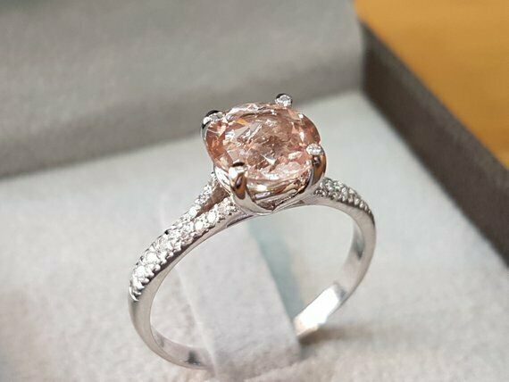 1.5ct Round Cut Peach Morganite Split Band Engagement Ring 14k White Gold Finish