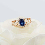 1.5ct Oval Cut Blue Sapphire Filigree Crown Open Shank Ring 14k Rose Gold Finish