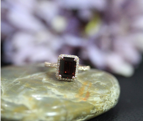 2ct Emerald Cut Red Garnet Engagement Ring 14k Yellow Gold Finish Halo Solitaire