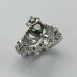 2ct Heart Green Emerald Engagement Ring Claddagh Bridal Set 14k White Gold Over