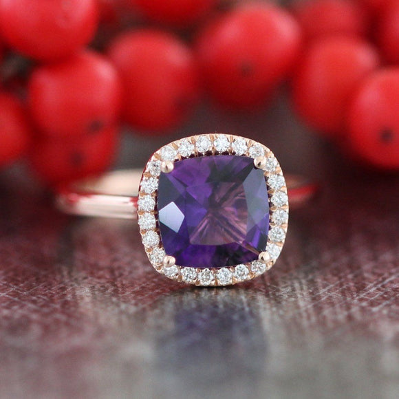 1.2ct Cushion Cut Purple Amethyst Solitaire Engagement Ring 14k Rose Gold Finish