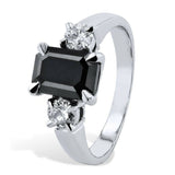 1.6ct Emerald Cut Black Diamond Engagement Ring Trilogy 14k White Gold Finish