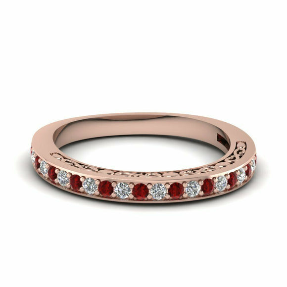 1ct Round Cut Red Garnet Vintage Half Eternity Wedding Band 14k Rose Gold Finish