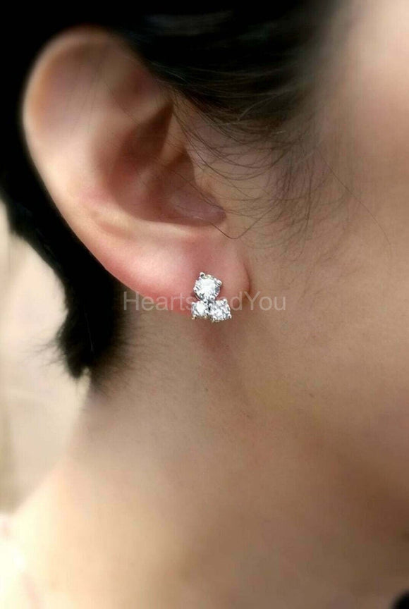 1ct Round Cut Moissanite Three Stone Stud Earrings 14k White Gold Plated