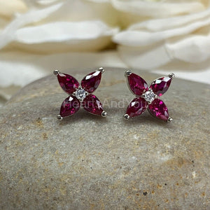 2ct Pear Cut Simulated Pink Ruby Floral Stud Earrings 14k White Gold Plated