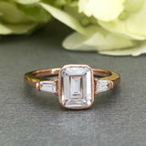 Three Stone Solitaire Engagement Ring 1ct Emerald Cut Diamond 14k Rose Gold Over