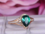 1.3ct Pear Cut Green Emerald Diamond Halo Split Shank Ring 14k Rose Gold Finish