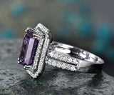 2.5Ct Emerald Cut Purple Amethyst Dual Halo Engagement Ring 14K White Gold Over