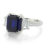 3ct Emerald Cut Blue Sapphire Engagement Ring Diamond Trilogy 14k WhiteGold Over