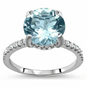 2Ct Round Cut Blue Aquamarine Diamond Accents Solitaire Ring 14K White Gold Over