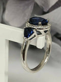 2ct Oval Cut Blue Sapphire 3 Stone Halo Engagement Ring 14k White Gold Finish