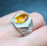 5ct Oval Cut Yellow Citrine Studded Engagement Men Ring 14k White Gold Finish