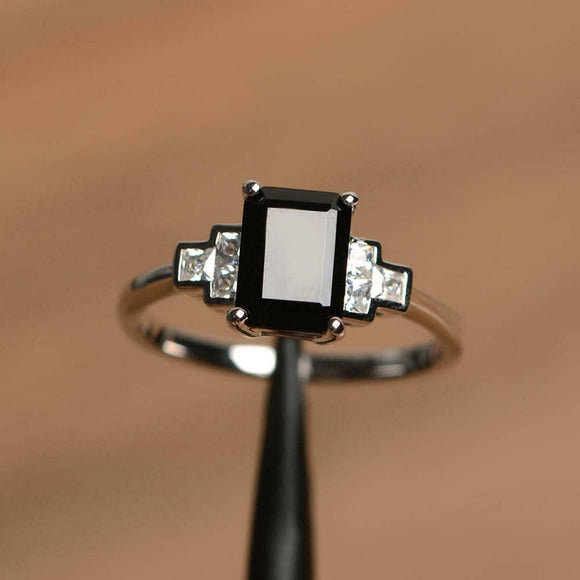 2ct Engagement Ring Emerald Cut Black Diamond Geometric 14k White Gold Finish