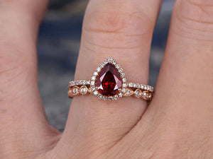 3Ct Pear Cut Red Garnet Diamond Halo Wedding Bridal Set 14K Rose Gold Finish