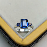 2ct Engagement Ring Emerald Cut Blue Sapphire Three Stone 14k White Gold Finish