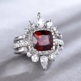 2ct Cushion Cut Red Garnet Crown Trio Set Engagement Ring 14k White Gold Finish