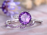 2ct Round Cut Purple Amethyst Bridal Set Engagement Ring 14k White Gold Finish