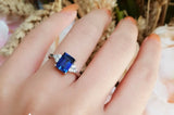 1.5ct Emerald Cut Blue Sapphire Engagement Ring 14k White Gold Finish Trilogy