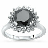 3Ct Round Cut Black Diamond Sunflower Halo Solitaire Ring 14K White Gold Finish