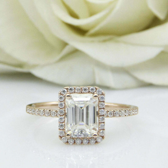 2ct Emerald Diamond Engagement Ring Halo Solitaire with Accent 14k RoseGold Over