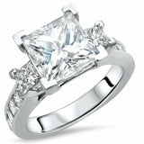 3Ct Princess Cut Diamond Solitaire with Accent Trilogy Ring 14K White Gold Over