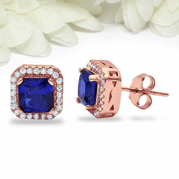 4Ct Cushion Cut Blue Sapphire Halo Solitaire Stud Earrings 14K Rose Gold Finish