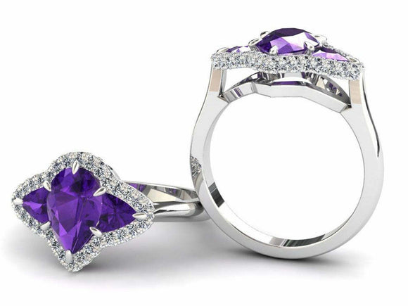 2ct Pear Cut Purple Amethyst Engagement Ring Halo Trilogy 14k White Gold Finish