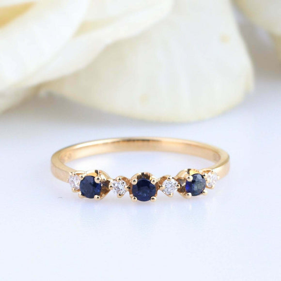 0.3ct Round Cut Blue Sapphire Wedding Band Ring Anniversary 14k Yellow Gold Over