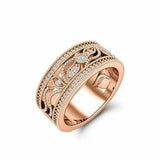 Filigree Milgrain Wide Leaf Wedding Band 1ct Round Cut Diamond 14k RoseGold Over