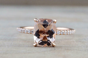 1.6ct Cushion Cut Peach Morganite Accent with Solitaire Ring 14k RoseGold Finish