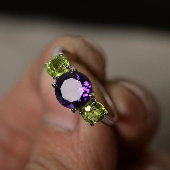 2ct Round Cut Purple Amethyst Trilogy Ring 14k White Gold Over Peridot Accents